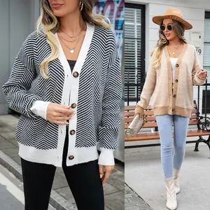 Women V-Neck Knit Cardigan Sweater Chevron Color Block Button Up Long Sleeve Loose Patchwork Streetwear Knitting Outerwear Top