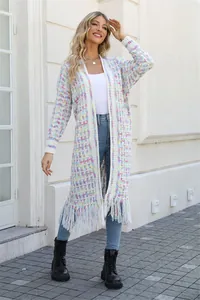 Colorful knit long cardigan with fringe tassels and elegant street style design