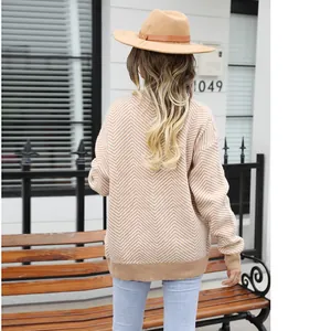 Back view of women's casual chevron pattern knitted cardigan sweater in beige and white