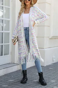 Fashionable long multi-color checkered knit cardigan with tassel hem for stylish women