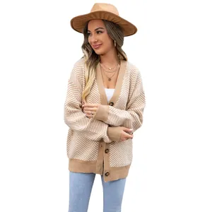 Stylish women's V-neck chevron pattern knit cardigan with buttons in beige