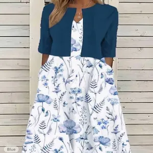 Elegant floral print V-neck maxi dress with navy blue bolero jacket for women