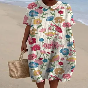 Detail van een maxi-jurk met bloemenprint, witte Peter Pan-kraag en korte mouwen.