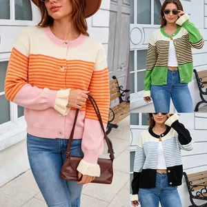 Gilet en Tricot Rayé Color Block pour Femme Col Rond Boutonnage Simple Coupe Décontractée Manches Longues Vêtement d'Extérieur Automne Hiver