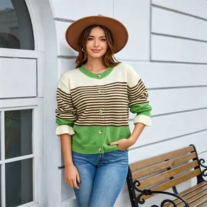 Gilet en maille rayé colorblock pour femme avec col rond pour l'automne et l'hiver