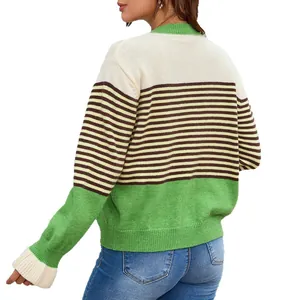 Cardigan en tricot rayé à blocs de couleurs pour femmes avec design vert et crème