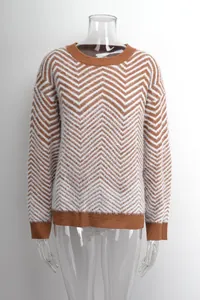 Women's round neck pullover knitted sweater with brown and white chevron pattern