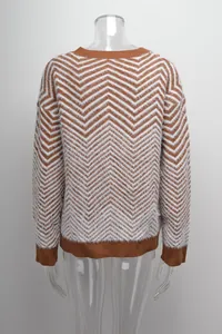 Detailed back view of fuzzy brown and white chevron pattern knit sweater for women