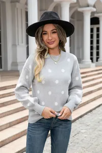 Casual gray women's polka dot knit sweater pullover with crew neck for spring fashion