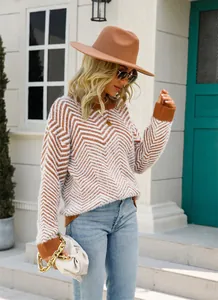 Stylish women's crew neck long sleeve sweater featuring brown and white chevron knit pattern