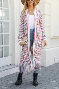 Long multi-color knit cardigan for women with fringe hem and bohemian style.