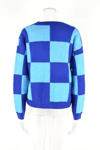 Back view of casual blue checkerboard knit sweater on a transparent female mannequin