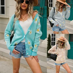 Women Daisy Floral Embroidered Knit Cardigan V Neck Button Down Long Sleeve Acrylic Sweater Jacket Loose Casual Outerwear
