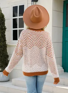 Detailed back view of a cozy women's brown and white chevron pattern fuzzy knit sweater