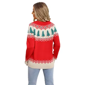 Pull de Noël en tricot rouge pour femme avec motifs sapins, coupe ample et longue