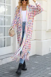 Colorful long open-front cardigan with fringe detail and rainbow knit pattern