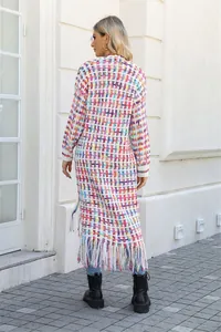 Colorful multi-color rainbow knit long cardigan with tassel hem for women back view