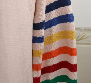 Détail du pull en maille rose montrant des rayures arc-en-ciel et une texture douce