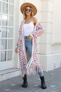 Stylish multi-color long knit cardigan for women featuring trendy tassel hem and open front