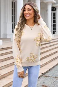 Plus size beige knit sweater with yellow floral pattern for women's spring fashion