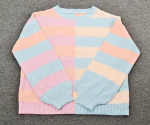 Flat lay detail showing the pastel color-block striped crewneck knitted pullover sweater