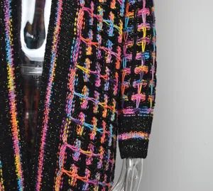Close-up of vibrant colorful knit pattern and gold thread on a black cardigan sweater