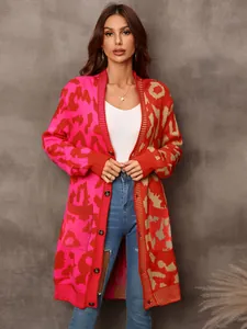 Detailed view of longline leopard print color-block knit cardigan with front pockets