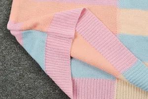 Close-up view of a soft colorblock knit sweater with ribbed cuff texture.