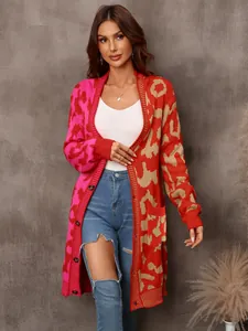 Stylish leopard print color-block mid-length knit cardigan for women