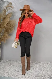 Full view of women's red zigzag knit sweater with long sleeves and crew neck
