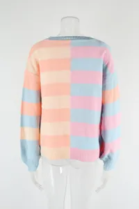 Back view of a pastel striped color-block knit sweater on a clear mannequin
