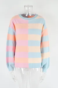 Soft pastel colorblock striped crew neck knitted sweater displayed on a mannequin