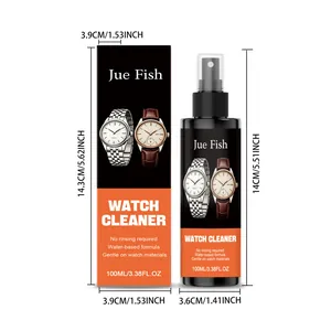 Product dimensions of 100ml Jue Fish watch cleaner spray bottle and packaging box