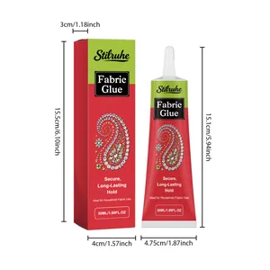 Detailed dimensions of Stilruhe fabric glue tube and packaging box in centimeters and inches