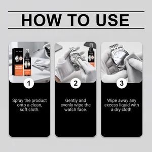 Instructional guide showing three steps to use Jue Fish watch cleaner on a metal watch