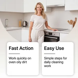 Professional woman in modern kitchen highlighting fast acting oven cleaner spray
