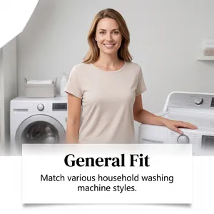 Detail of a woman with a washing machine illustrating universal fit of cleaning tablets.
