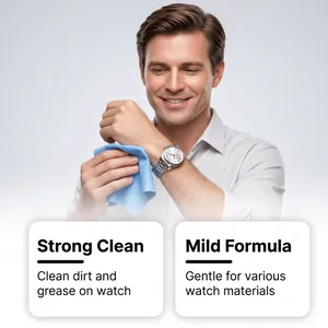 Professional detail of blue cleaning cloth wiping a silver metal watch strap for maintenance