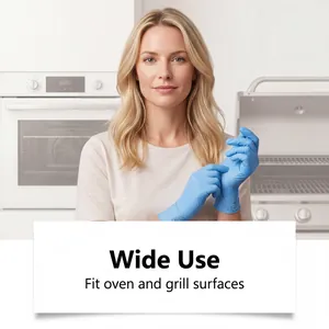 Blue nitrile gloves for oven cleaning and grill surface maintenance in home kitchen