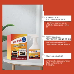 Jue Fish oven cleaner spray details showing active ingredients for grime removal