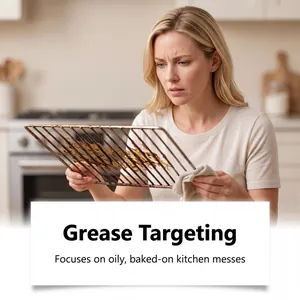 Detail showing baked-on grease on a kitchen oven grill rack ready for deep cleaning