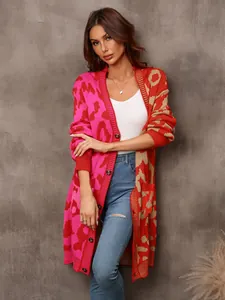 Long-line leopard print patchwork knit cardigan with button closure and pockets