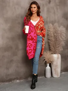 Modern leopard print color-block knit cardigan with a stylish long-line silhouette