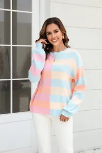 Detailed view of the pastel color-block knit pattern on a crew neck striped sweater