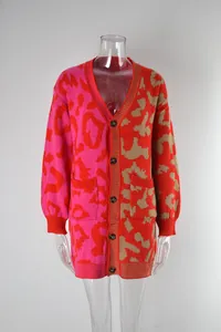 Oversized women's color-blocked knit cardigan with abstract leopard print pattern design