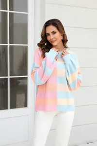 Stylish color-block striped round-neck knit sweater for women in soft pastel colors.
