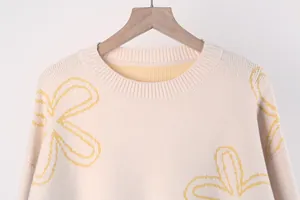 Close-up of the round neckline and floral pattern on a cream knitted sweater.