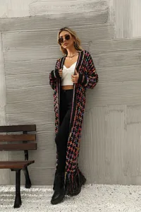 Stylish long multi-colored knit cardigan for women featuring trendy bohemian fringe hem
