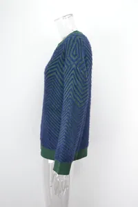Cozy blue and green geometric zigzag pattern fuzzy knit pullover sweater for women