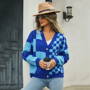Women's blue checkered patchwork knit cardigan sweater with V-neck and buttons